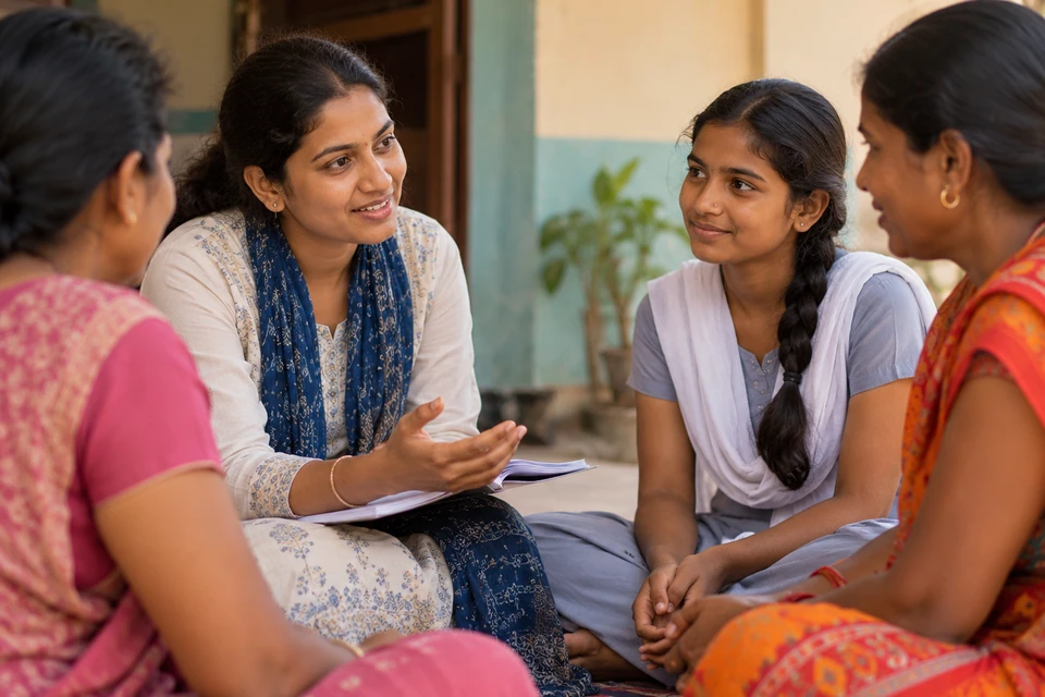 Illustrative scene of a community worker in conversation with women and a young person